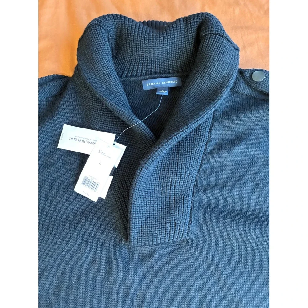 Banana Republic Mens Black 100% Wool Shawl Collar Pullover Sweater L 690613-00-1